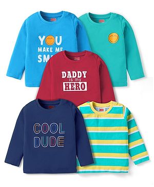 Babyhug Cotton Knit Full Sleeves T-Shirt With Stripes & Cool Dude Text Print Pack Of 5 - Maroon  Blue & Navy Blue