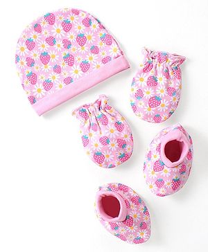 Babyhug 100% Cotton Knit Floral Printed  Cap Mittens & Booties Set - Pink
