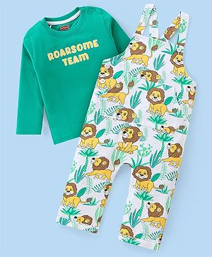 Babyhug Single Jersey Knit Full Length Dungaree with Full Sleeves T-Shirt Text & Animal Print - Sea Green