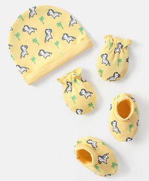 Babyhug 100% Cotton Knit Zebra Printed  Cap Mittens & Booties Set - Yellow