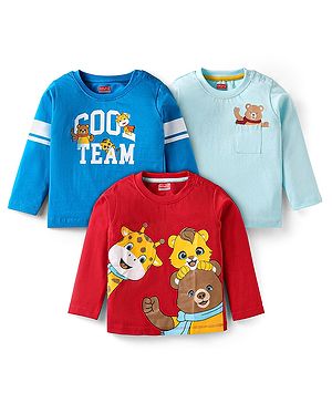Babyhug Cotton Knit Full Sleeves T-Shirts with Text & Animal Prints Pack of 3 - Light Blue Red & Blue