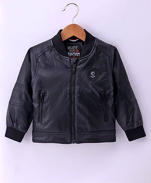 Ruff Full Sleeves Front Open Leather Jacket With Patch Detailing - Black