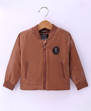 Ruff Full Sleeves Front Open Leather Jacket With Patch Detailing - Tan