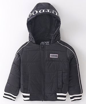 Ruff Woven Full Sleeves Padded Hooded Jacket with Text Print & Pocket Detailing - Black