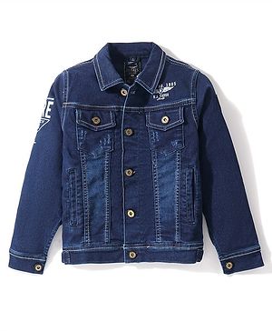 RUFF Full Sleeves Denim Jacket with Text Print - Navy