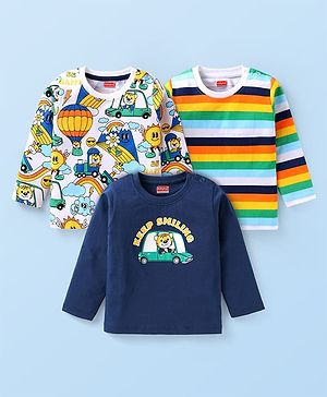Babyhug Cotton Knit Full Sleeves T-Shirt with Stripes & Animal Graphics Pack of 3 - Navy Blue White