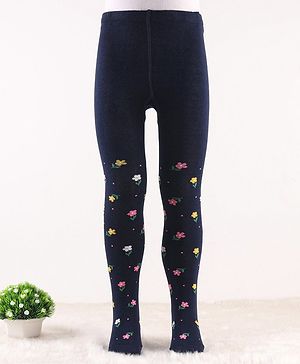 Cute Walk by Babyhug Knit Antibacterial Footed Tights Floral Design - Navy Blue