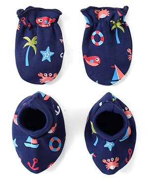 Babyhug 100% Cotton Interlock Knit Beach Theme Printed Mittens & Booties Set - Navy