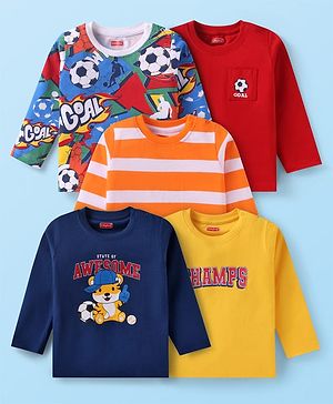 Babyhug Cotton Knit Full Sleeves T-Shirts with Sport Theme Print & Stripes Pack of 5 - Navy Blue Red & Yellow