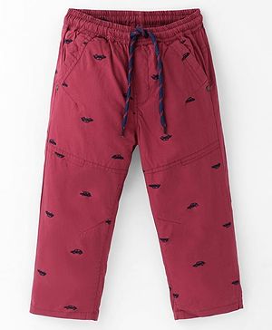 Simply Premium Woven Full Length Car Printed Denim Trouser - Maroon