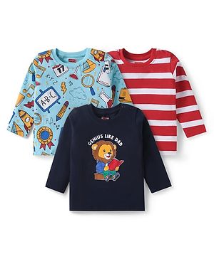 Babyhug Cotton Knit Full Sleeves T-Shirts with Stripes & Space Print Pack of 3 - Navy Blue & Red