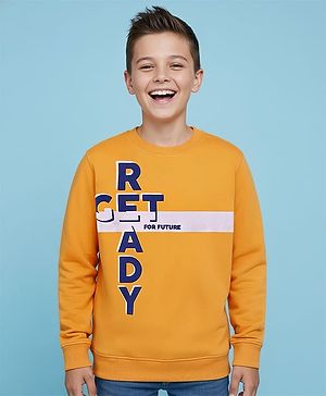 Pine Kids Cotton Knit Full Sleeves Pullover Sweatshirt with Text Print - Mustard