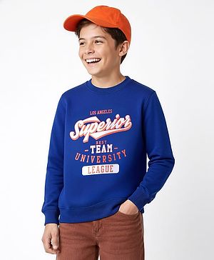 Pine Kids Cotton Knit Full Sleeves Sweatshirt With Text Print - Blue