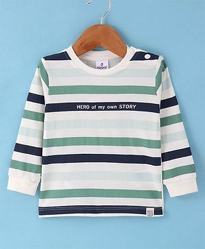 Ollypop Sinker Knit Full Sleeves Striped Shirt with Text Print - Green