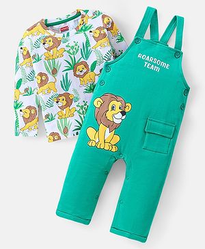 Babyhug Single Jersey Knit Dungaree & Full Sleeves T-Shirt Set with Lion Prints - Green Yellow & White