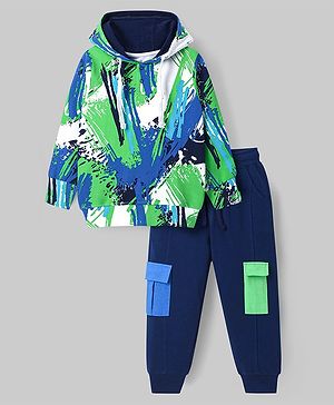 Ollington St. 100% Cotton Knit Full Sleeves Hooded Printed Sweatshirt & Joggers Set with Pockets - Blue & Black