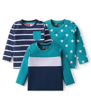 Babyhug Cotton Knit Full Sleeves T-Shirts With Star Print & Cut & Sew Design Pack of 3 - Navy Blue & Teal Blue