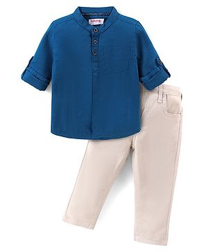 Babyhug Cotton Woven Full Sleeves Solid Shirt & Trouser Set - Navy Blue & Beige