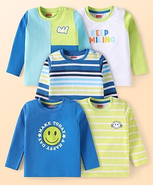 Babyhug Cotton Knit Full Sleeves T-Shirts with Text Print & Stripes Pack of 5 - Multicolor