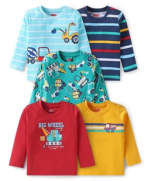 Babyhug Cotton Knit Full Sleeves T-Shirts with Stripes & Vehicle Print Pack of 5 - Navy Blue & Light Blue