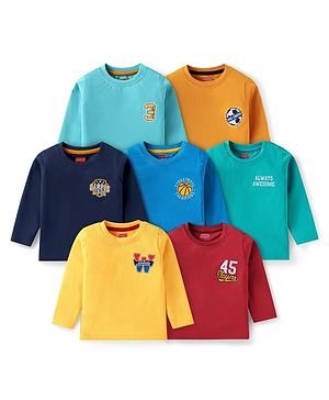 Babyhug Cotton Knit Full Sleeves T-Shirts With Text Print Pack of 7 - Navy Blue Red & Green