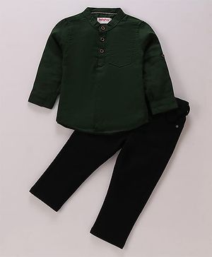 Babyhug Cotton Woven Full Sleeves Mandarin Collared Solid Kurta Shirt & Denim Jeans Set - Green & Black