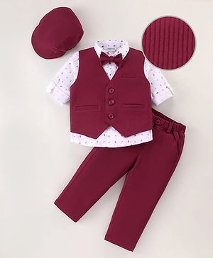 Mark & Mia Full Sleeves Printed 3 Piece Party Suit with Bow & Hat - Maroon