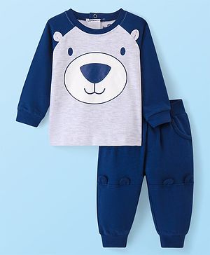 Doodle Poodle Light Weight Cotton Knit Raglan Sleeves T-Shirt & Lounge Pants Winter Wear Suit With Bear Print & Applique - Navy & Grey