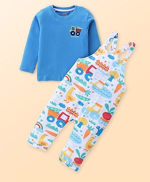 Babyhug Single Jersey Knit Dungaree and Full Sleeves Solid Color T-Shirt Set Garden Theme Print - Blue & White