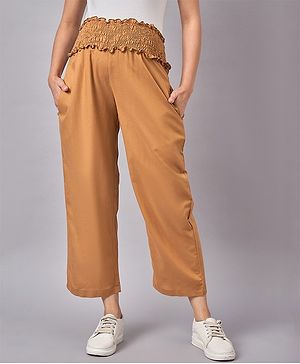 Mine4Nine Smock Detail Full Length Solid Maternity Pants - Brown