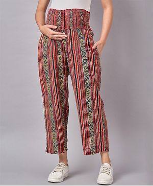 Mine4Nine Smock Detail Full Length Abstract Printed Maternity Pants - Maroon