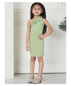 Mini & Ming Cotton One Shoulder Ruffle Design Solid Party Wear Dress - Sage Green