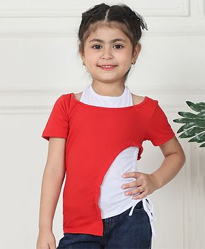 Mini & Ming Half Sleeves Color Block Layered Knitted Top  - Red & White