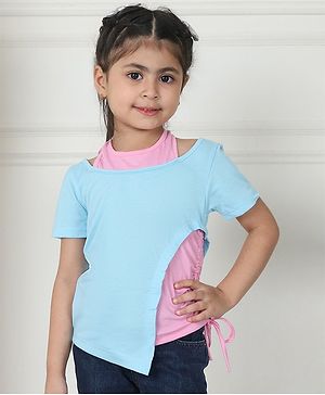 Mini & Ming Half Sleeves Color Blocked Layered Top - Sky Blue & Pink