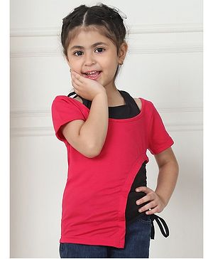 Mini & Ming Half Sleeves Color Blocked Layered Top - Queen Pink & Black