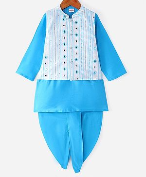 Babyhug Woven Full Sleeves Kurta Dhoti Set with Mirror Embroidered Jacket - Blue
