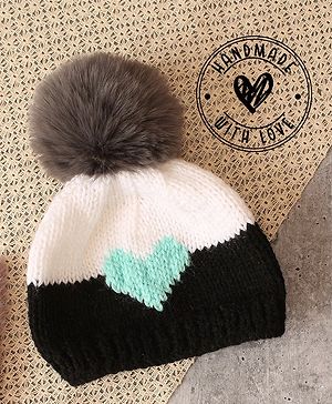 Woonie Handknitted Intarsia Pom Pom & Heart Detailed Cap - Black