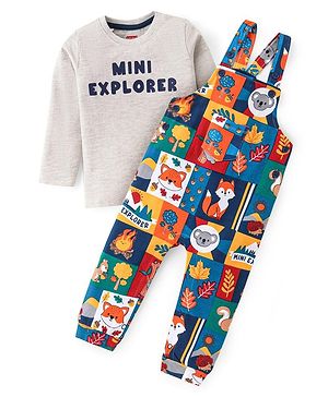 Babyhug Single Jersey Knit Full Sleeves T-Shirt & Animals Printed Dungaree - Multicolour