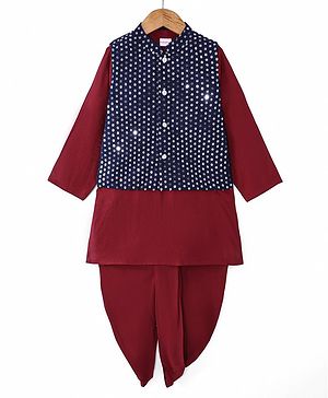 Babyhug Woven Full Sleeves Solid Kurta Dhoti Set with Sequin Embroidered Jacket - Navy Blue & Maroon