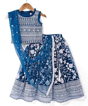 Babyhug Woven Sleeveless Choli Lehenga & Dupatta Set With Sequin & Embroidery Detailing - Teal Blue