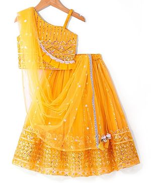 Babyhug Woven One Shoulder Sleeves Sequined Embroidered Choli Lehenga Set with Dupatta - Yellow