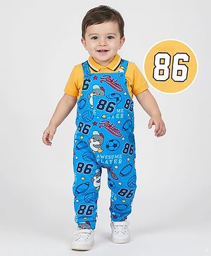Babyhug Single Jersey Knit Dungaree and Half Sleeves Polo T-Shirt Penguin Print - Yellow & Blue