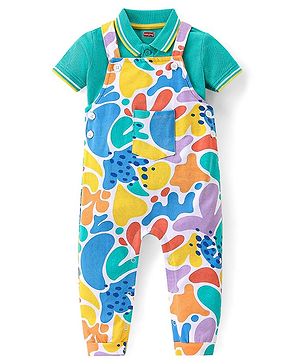 Babyhug Single Jersey Knit Dungaree and Half Sleeves Solid Color T-Shirt Set - Green Blue & White