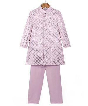 Babyhug Woven Full Sleeves Sequined Floral Embroidered Kurta Pyjama Sherwani Set - Pink