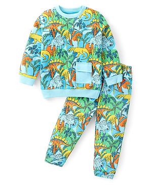 Babyhug Cotton Knit Full Sleeves Dino Printed T-Shirt & Lounge Pants Co-Ord Set - Blue