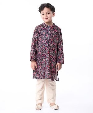 Babyhug Woven Full Sleeves Kurta Pyjama Set with Floral Print - Navy Blue