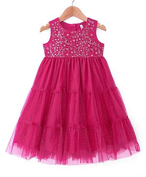 Babyhug Woven Sleeveless Sequin Embroidered Ethnic Tiered Dress - Fuschia
