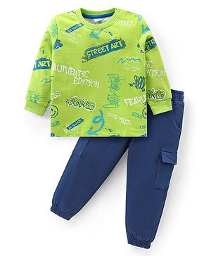 Babyhug Cotton Knit Full Sleeves T-Shirt & Lounge Pants Set With Street Art Print - Green & Blue