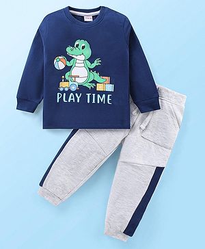 Babyhug Cotton Knit Full Sleeves T-Shirt & Lounge Pants Set With Play Time Croc Print - Blue & Grey