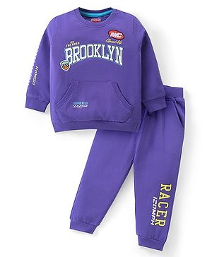 Babyhug Cotton Knit Full Sleeves T-Shirt & Lounge Pants Set With Kangaroo Pockets & Text Print - Purple